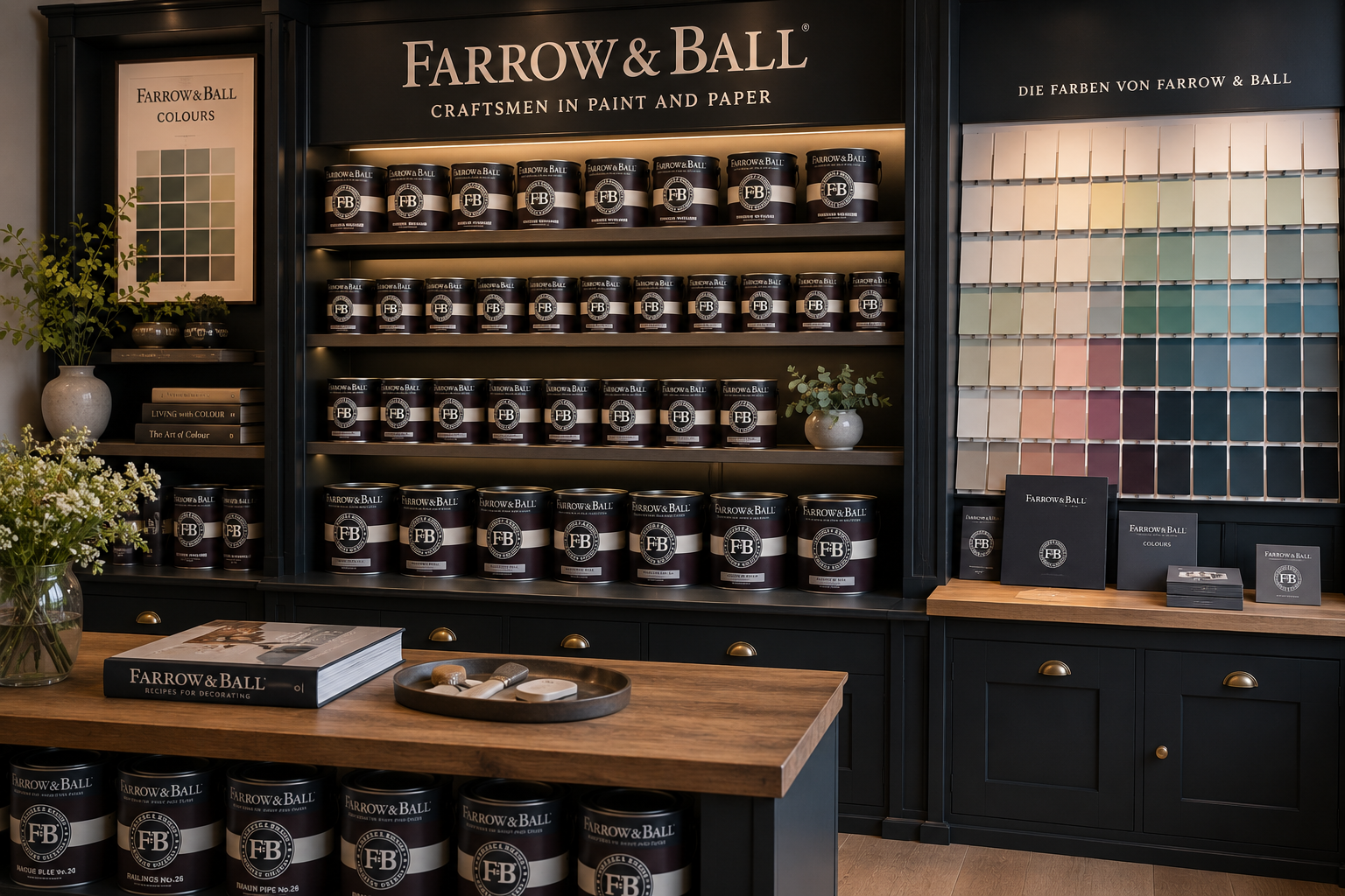 Farrow und Ball Sortiment mit Farben und Farbkarten
